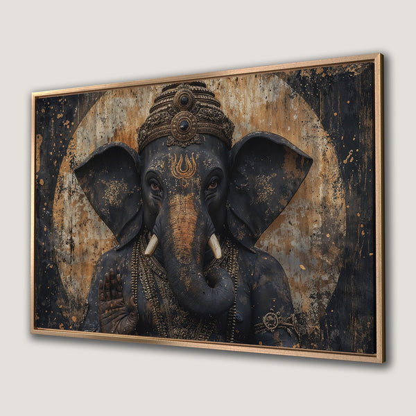 Framed Wall Art featuring a majestic Ganesh in a dark, textured style with gold accents. Stunning black, gold, and brown color palette for a unique statement piece.
