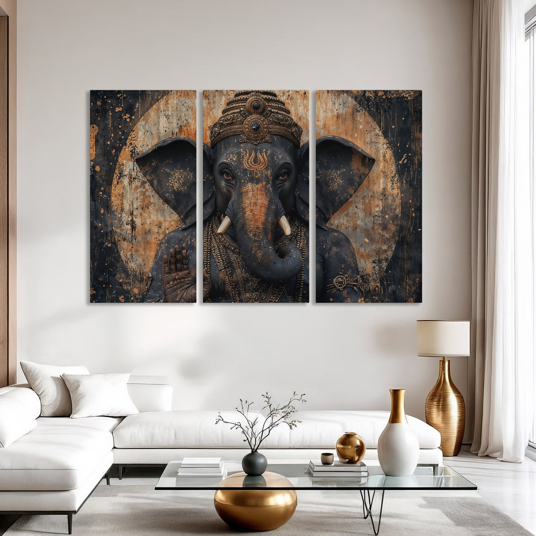 Canvas Print of Ganesha artwork in a modern interior. Features a detailed, artistic style with a black and gold color palette. Perfect wall art!