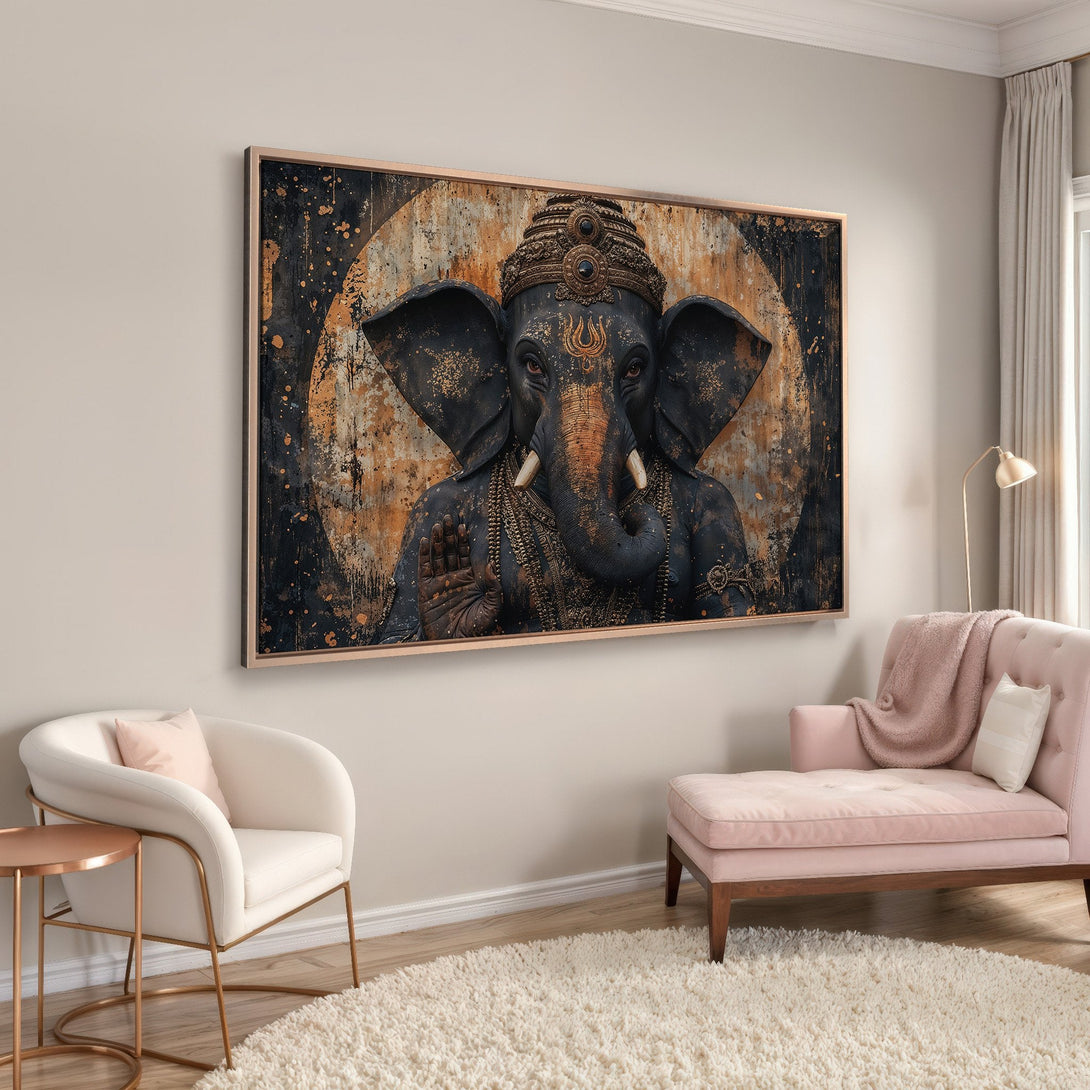 Framed Wall Art: Ganesha Canvas Print in a modern interior. Features a dark, detailed elephant deity with gold accents, set against a rustic, warm color palette.