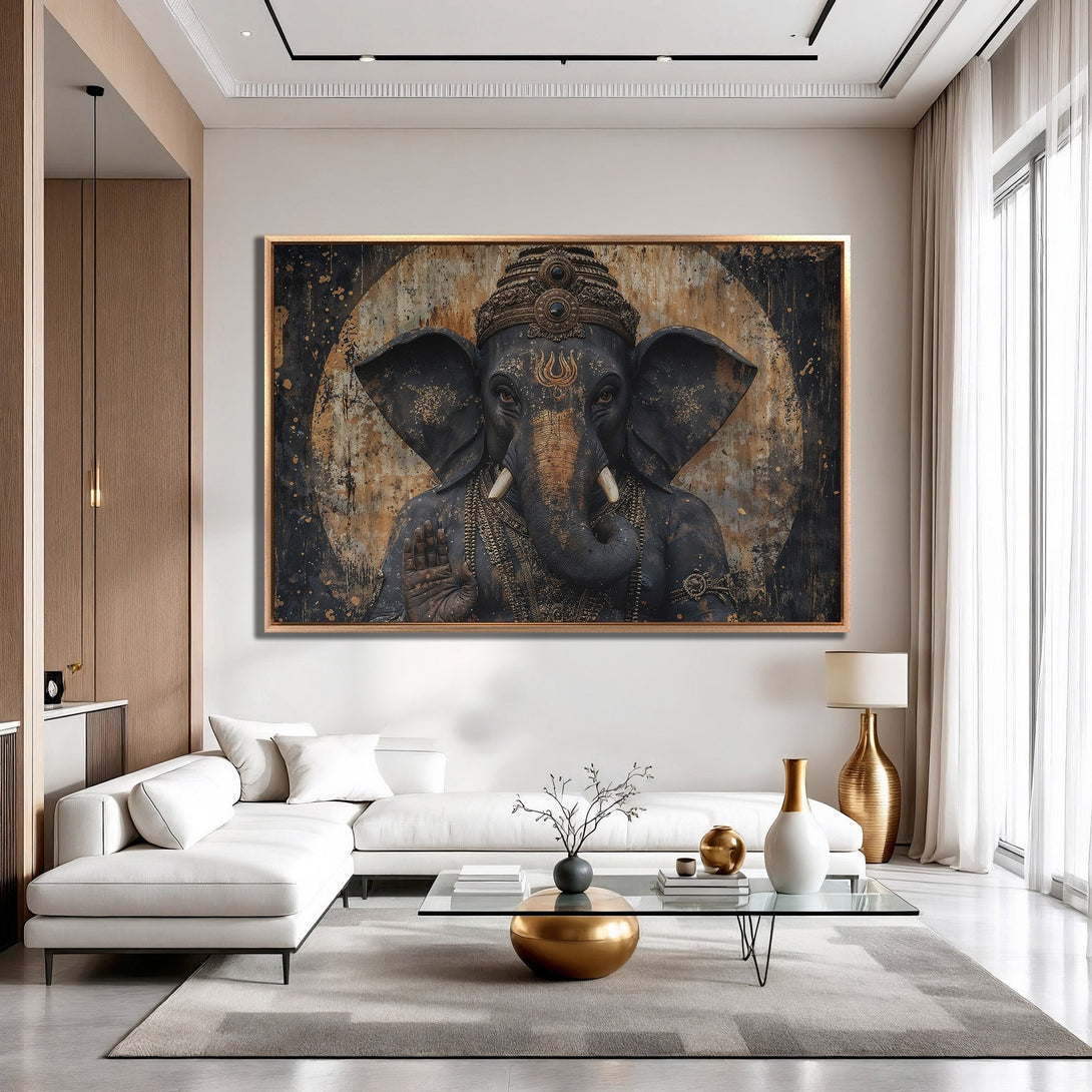 Framed Wall Art: Majestic Ganesh Canvas Print in a modern interior. Features a detailed elephant deity with a dark, gold, and neutral color palette. Elevate your space!
