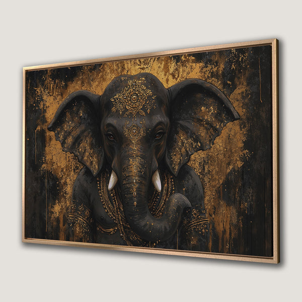 Framed Wall Art: Majestic elephant portrait in black and gold. Stunning canvas print with a rich, textured style. Perfect for adding an elegant touch to any space.