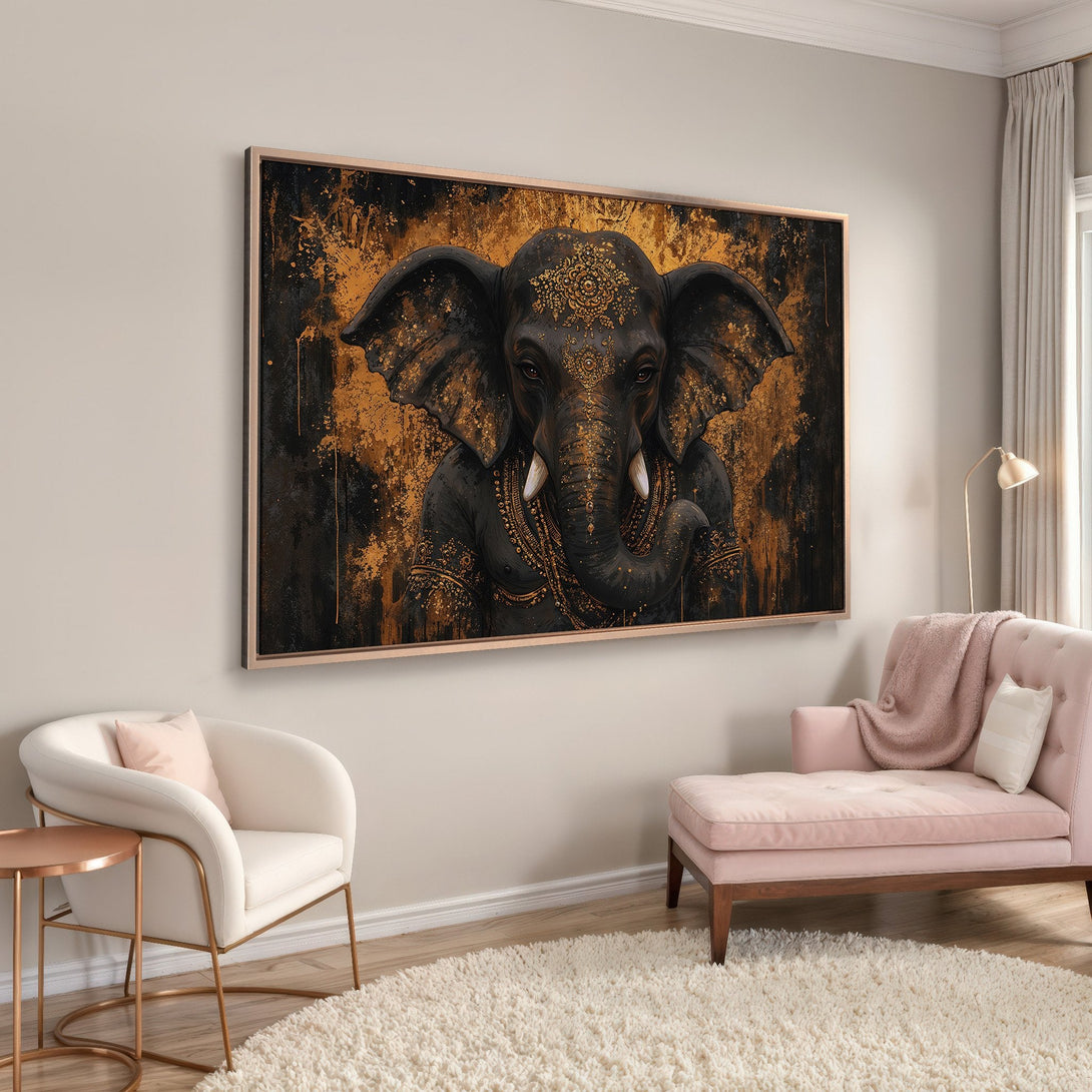 Framed Wall Art: Majestic elephant art print in black and gold. Modern style, rich color palette, perfect for adding a touch of elegance to your home decor.