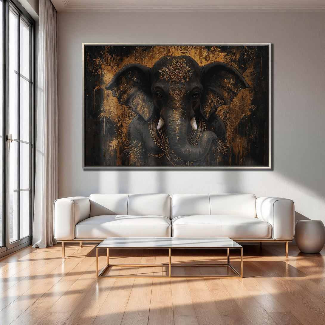 Framed Wall Art featuring an elegant elephant in black and gold. Modern art print with a luxurious, abstract style. Perfect for living room decor.