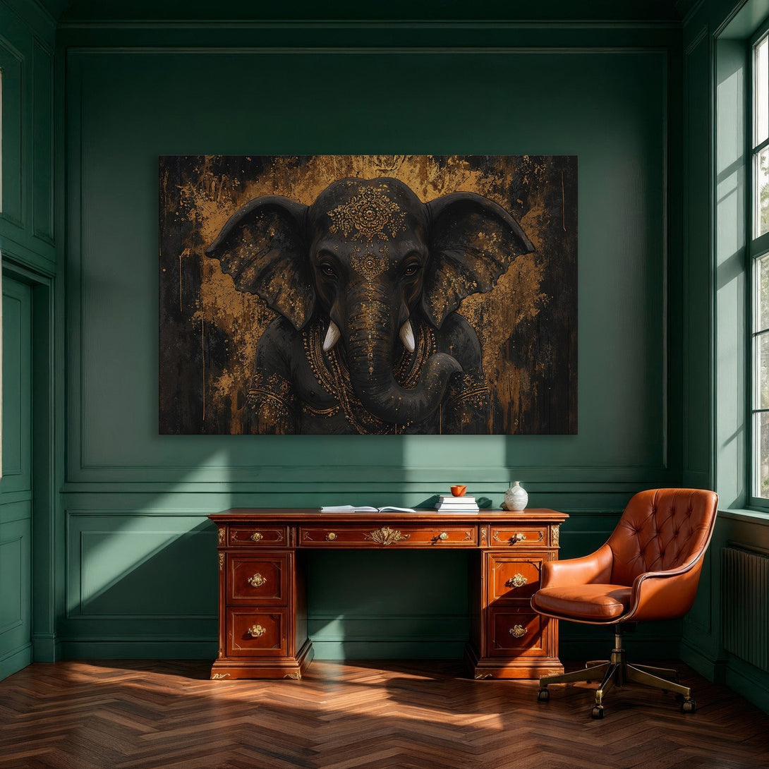 Framed Wall Art: Majestic elephant canvas print in black and gold, adding an elegant touch to any interior. Shop now for statement wall decor!