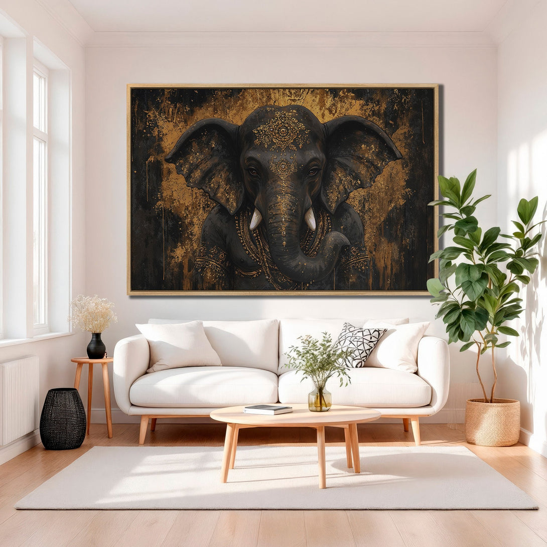 Framed Wall Art: Majestic elephant canvas print in black and gold, adding a touch of luxury and bohemian style to your living room decor.