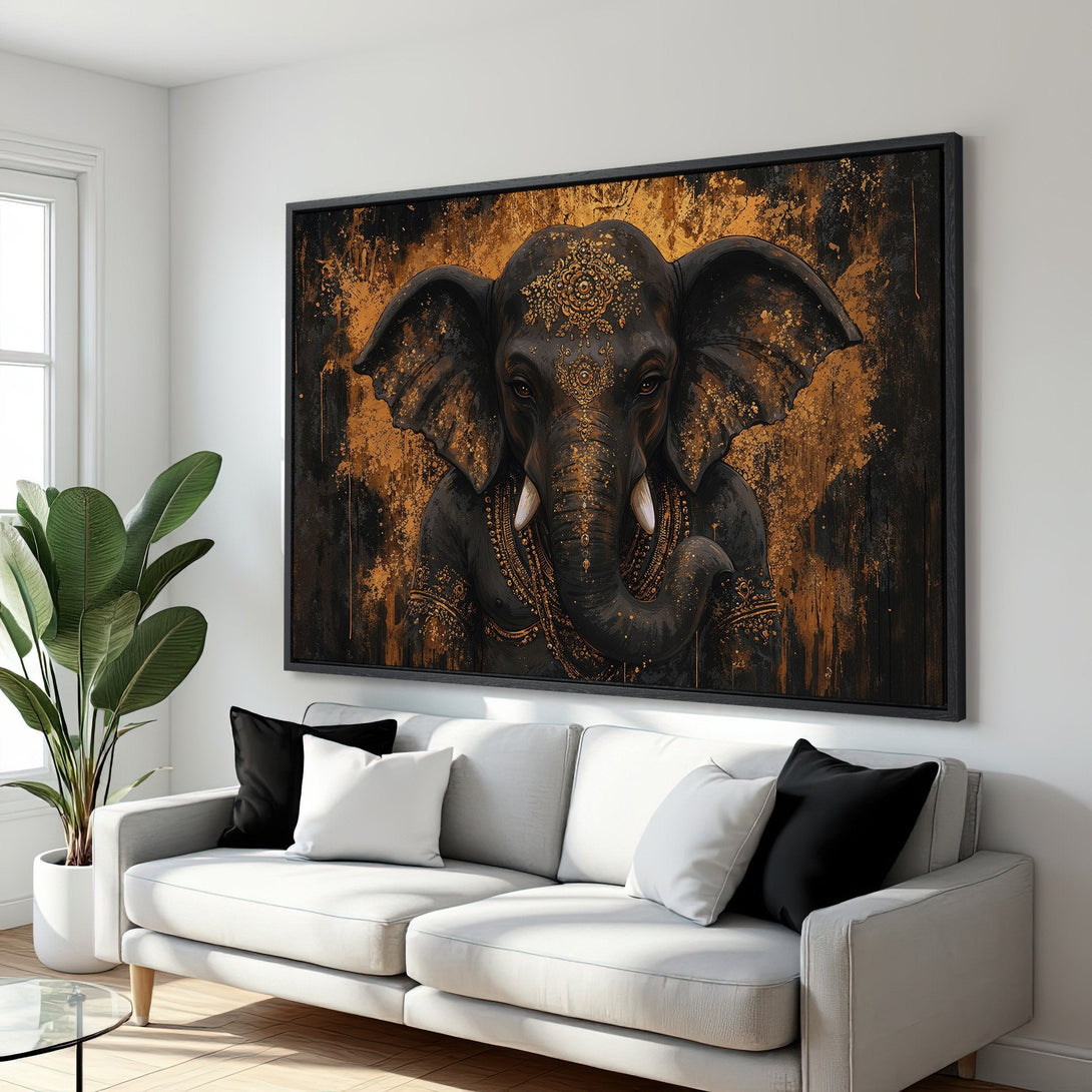 Framed Wall Art: Majestic elephant portrait in black and gold, adding a touch of elegance. Perfect for modern interiors, with a luxurious color palette.