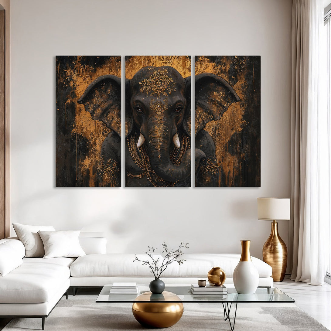 Canvas Print of an ornate elephant in black and gold, modern abstract style, perfect for living room decor.