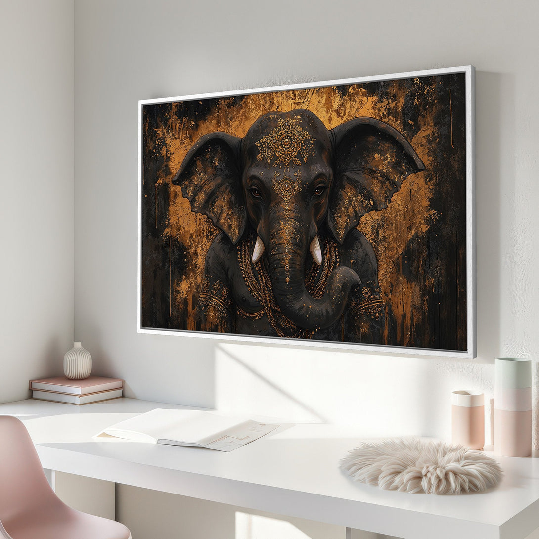Framed Wall Art featuring a regal elephant in black and gold. Modern, artistic canvas print perfect for adding a touch of elegance to your home decor.