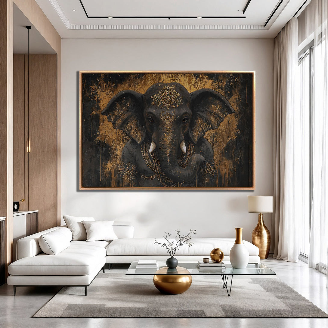 Framed Wall Art featuring an elegant elephant in black and gold. Modern, luxurious decor with a striking color palette. Elevate your space!