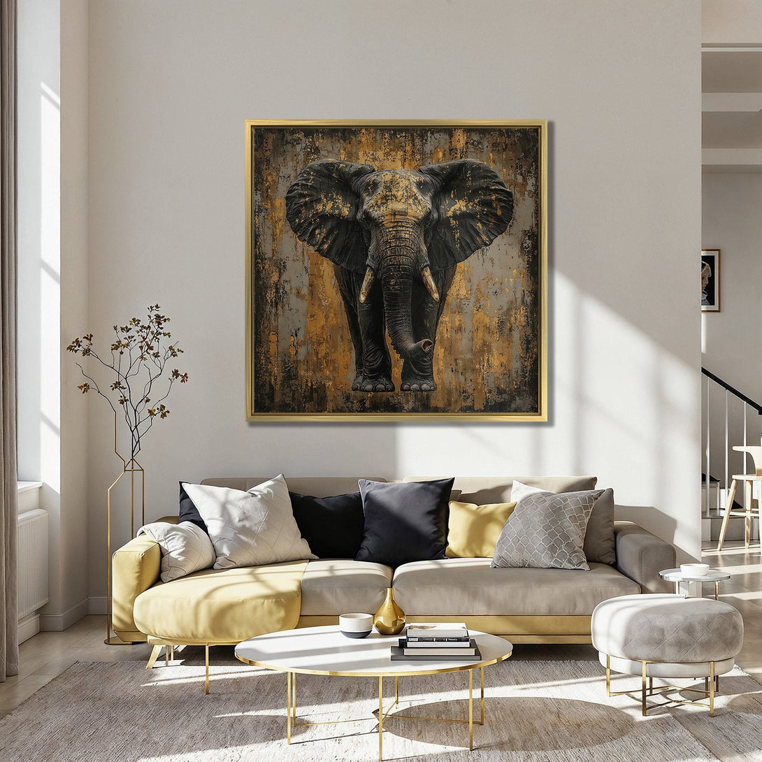 Canvas Print of an elephant in a distressed gold and black style, perfect for adding a touch of modern art to your home decor.