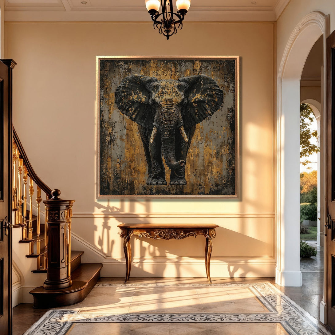 Framed Wall Art: Majestic elephant canvas print in a luxurious interior. Features a black, gold, and gray color palette with a textured, artistic style.