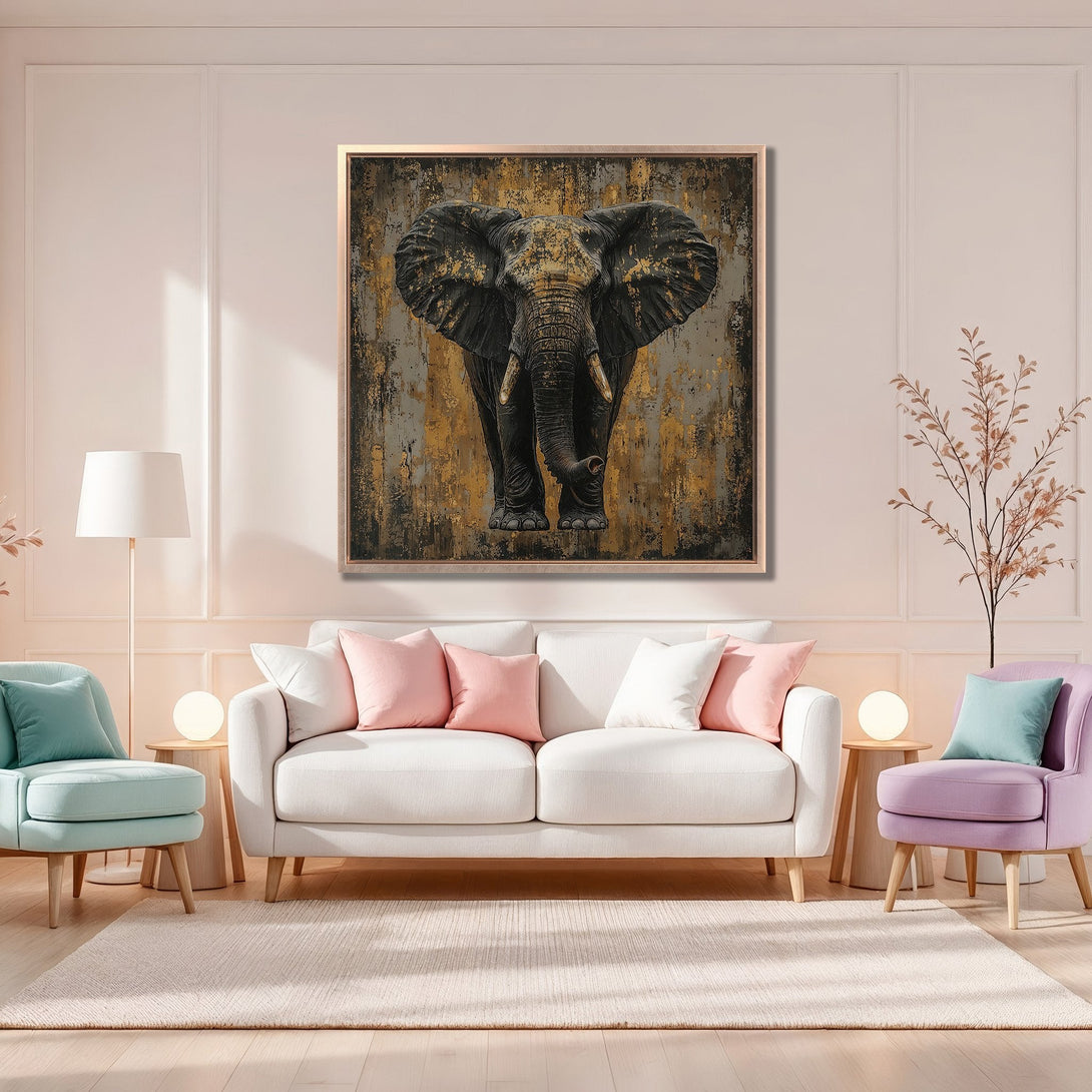 Framed Wall Art: Majestic elephant canvas print in gold, black, and gray tones. Modern decor for living room. Shop stunning artwork today!