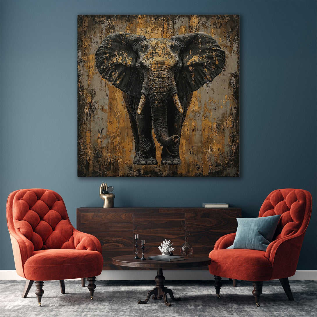 Framed Wall Art: Majestic elephant canvas print in a modern interior. Features a black and gold color palette with an abstract, textured style. Add luxury to your space!