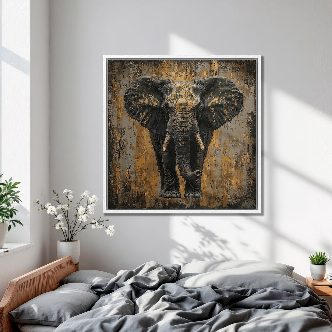 Framed Wall Art: Majestic elephant canvas print in a bedroom. Features a textured, abstract style with black, gold, and gray tones. Perfect for modern decor.
