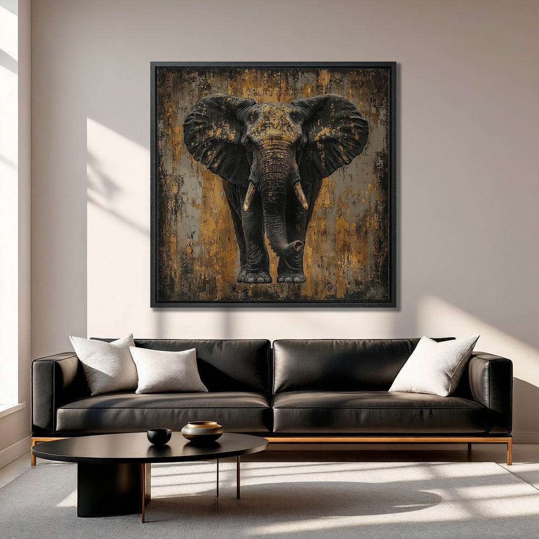 Framed Wall Art: Majestic elephant canvas print in a modern interior. Features a dark, textured style with gold and black tones, creating a striking focal point.