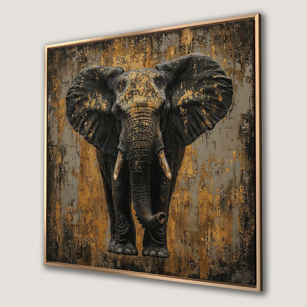 Framed Wall Art featuring a majestic elephant. Modern, textured style with a striking gold, black, and grey color palette. Elevate your decor!