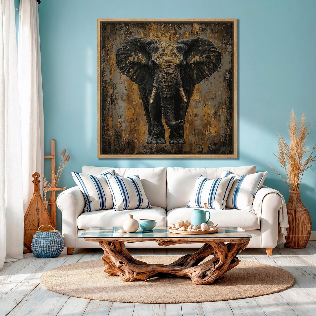 Framed Wall Art featuring an elephant in a rustic style with a gold and black color palette. Perfect for adding a touch of nature to your home decor.