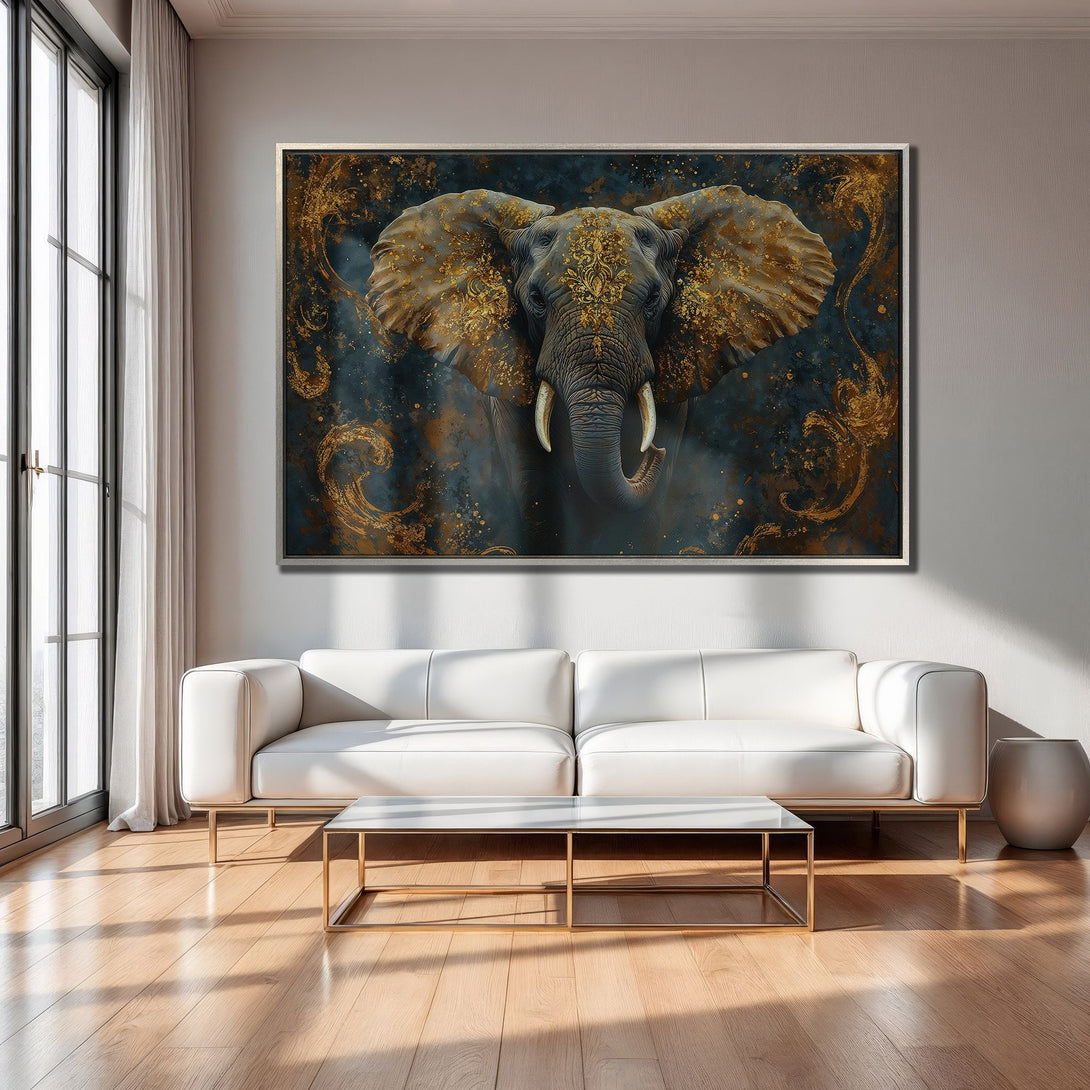 Framed Wall Art: Majestic elephant art print in gold and teal, adding elegance to any living room. Shop our canvas print collection today!