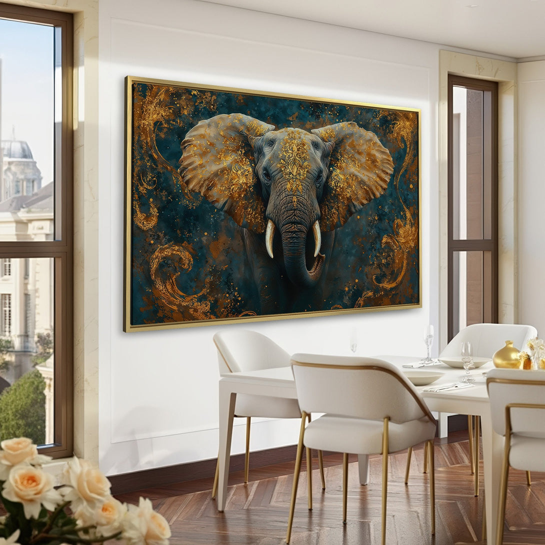Canvas Print of an elephant with gold accents, set in a dark blue and gold color palette. Elegant wall art for a sophisticated interior.
