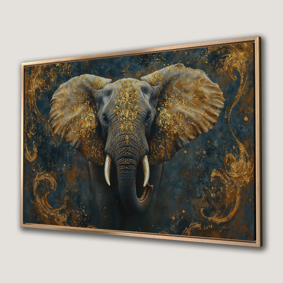 Framed Wall Art: Majestic elephant portrait in gold and teal. Elegant canvas print for a sophisticated home decor statement.