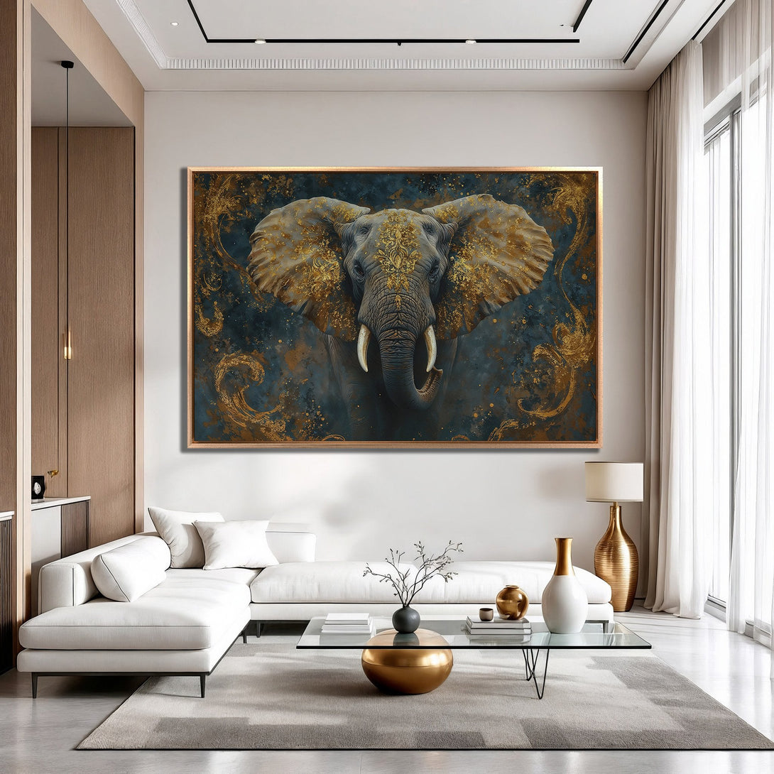 Framed Wall Art: Majestic elephant art print in gold and teal. Modern decor with a luxurious, artistic style. Perfect for living room or bedroom.