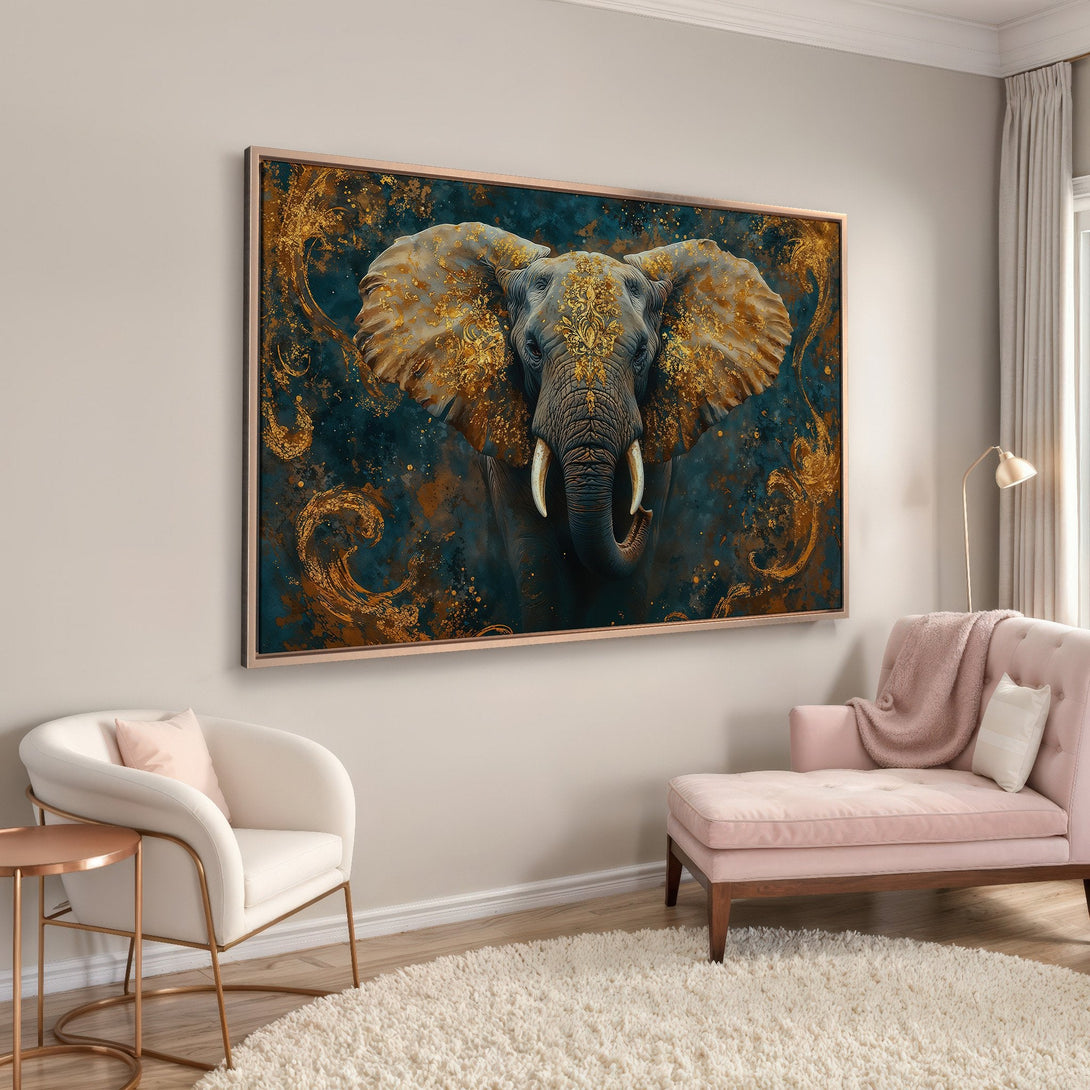 Framed Wall Art: Majestic elephant canvas print with gold accents on a teal background. Adds a touch of luxury to any space with its elegant style.