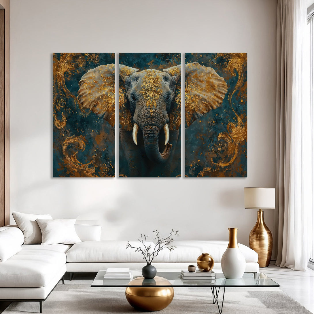 Canvas Print: Majestic elephant art in teal and gold. Modern, elegant wall decor for a luxurious living room. Transform your space!