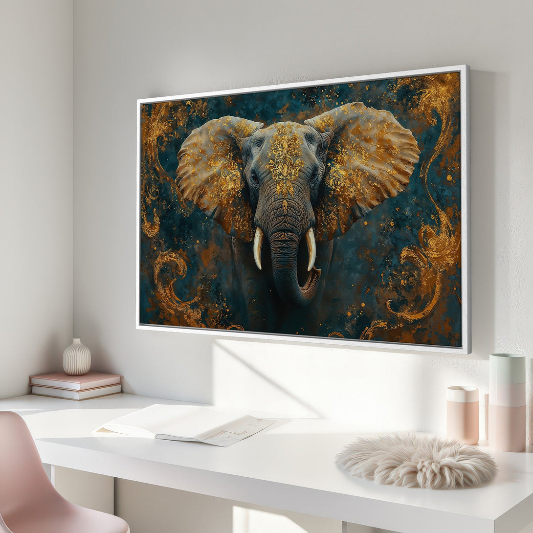Framed Wall Art featuring an elegant elephant with gold accents on a teal and gold background. Perfect for adding a touch of luxury to any space.