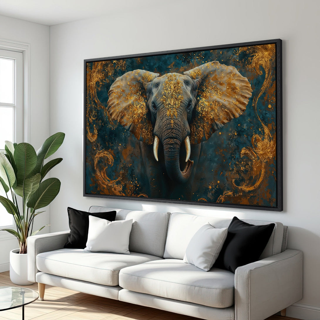 Framed Wall Art: Majestic elephant canvas print in gold and teal. Elevate your space with this stunning, artistic statement piece. Perfect for modern decor.