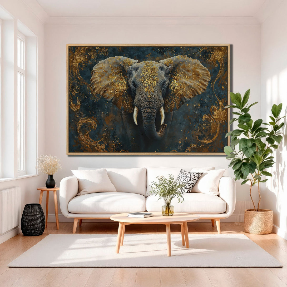 Framed Wall Art featuring an elegant elephant with gold accents on a dark blue background. Modern art for your home.