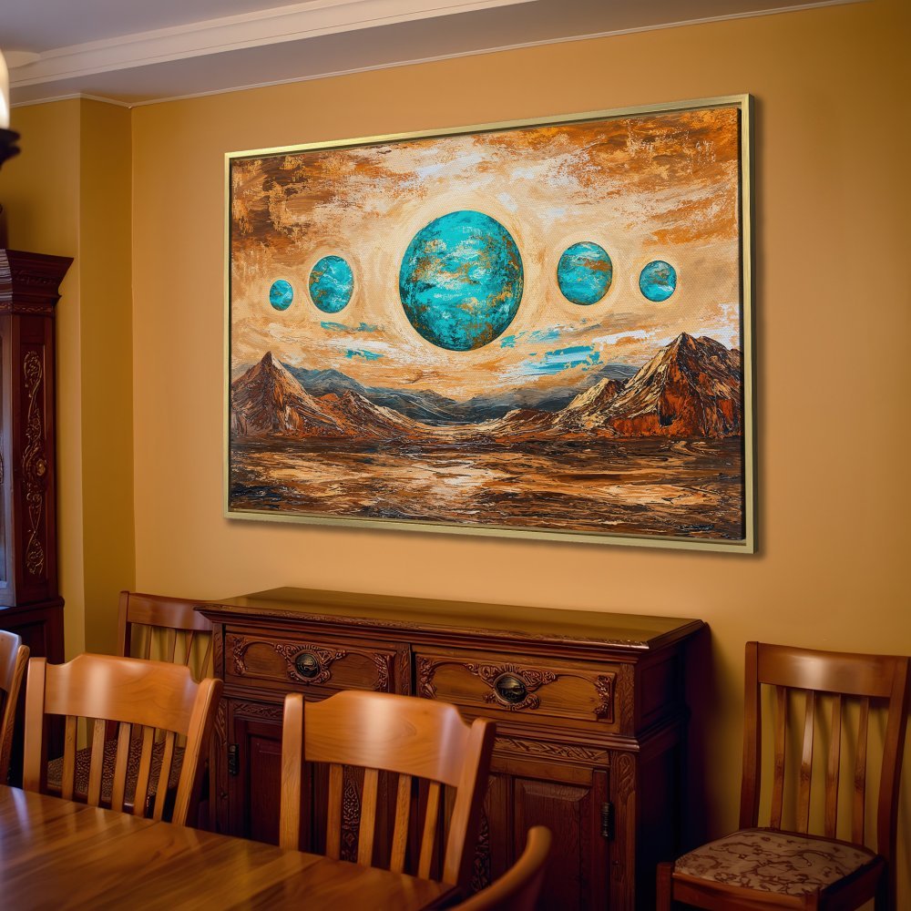 Abstract Canvas Print featuring planets and mountains in a warm, earthy color palette. Add a touch of art to your living room!