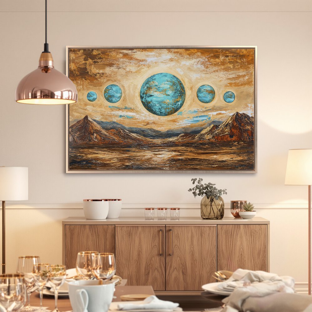 Framed Wall Art: Abstract landscape Canvas Print in warm earth tones & teal. Modern art for home decor, perfect for living room or dining room.