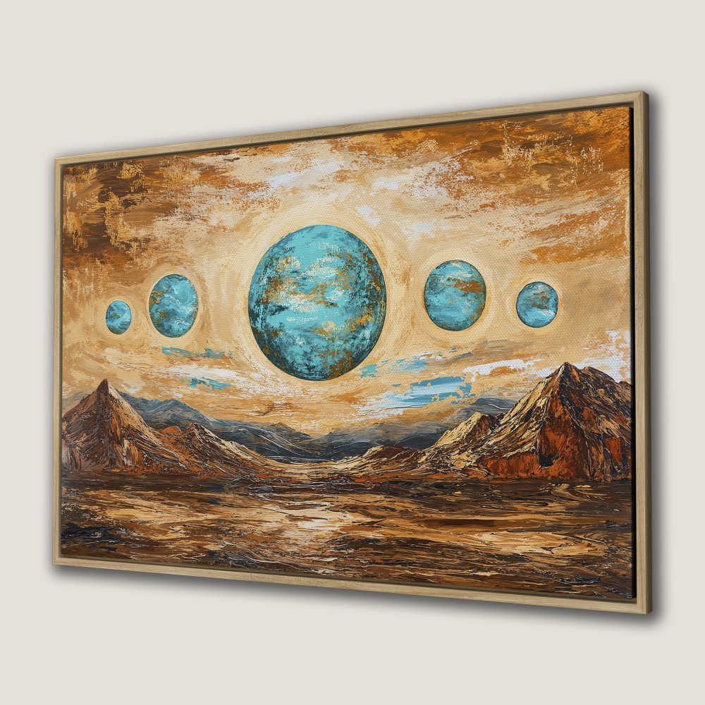 Abstract landscape Canvas Print with turquoise planets and earthy tones. Add a touch of modern art to your space!