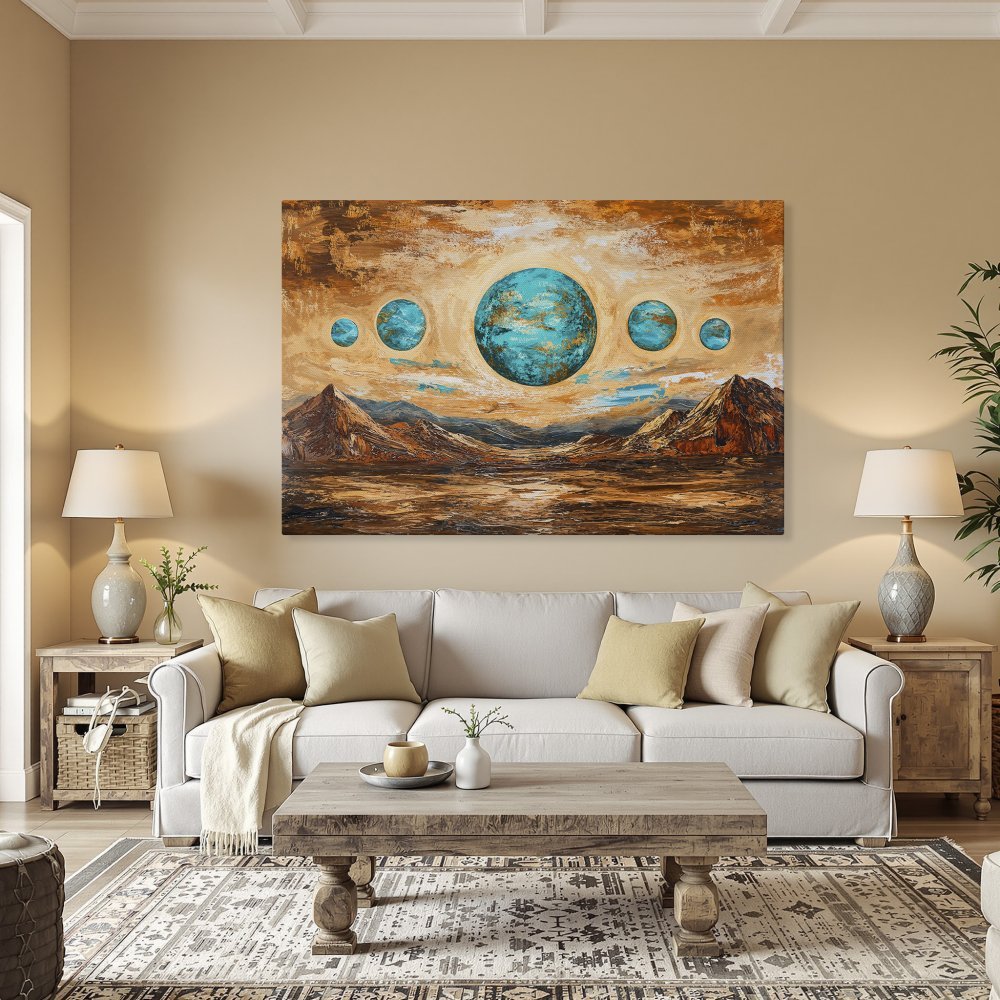 Framed Wall Art: Abstract landscape Canvas Print featuring turquoise planets & mountains, warm earth tones. Elevate your space with this stunning artwork!