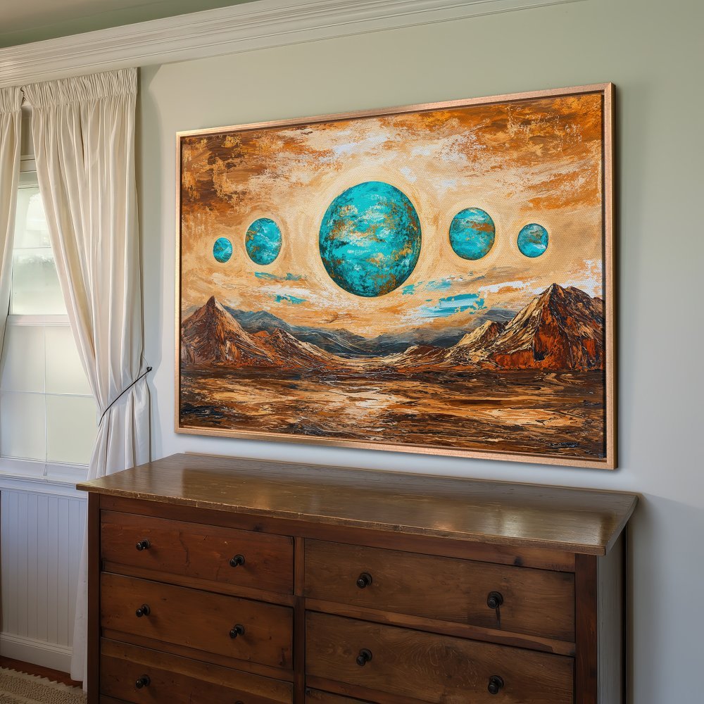 Framed Wall Art: Abstract landscape Canvas Print with turquoise planets & warm earth tones. Modern art for home decor.