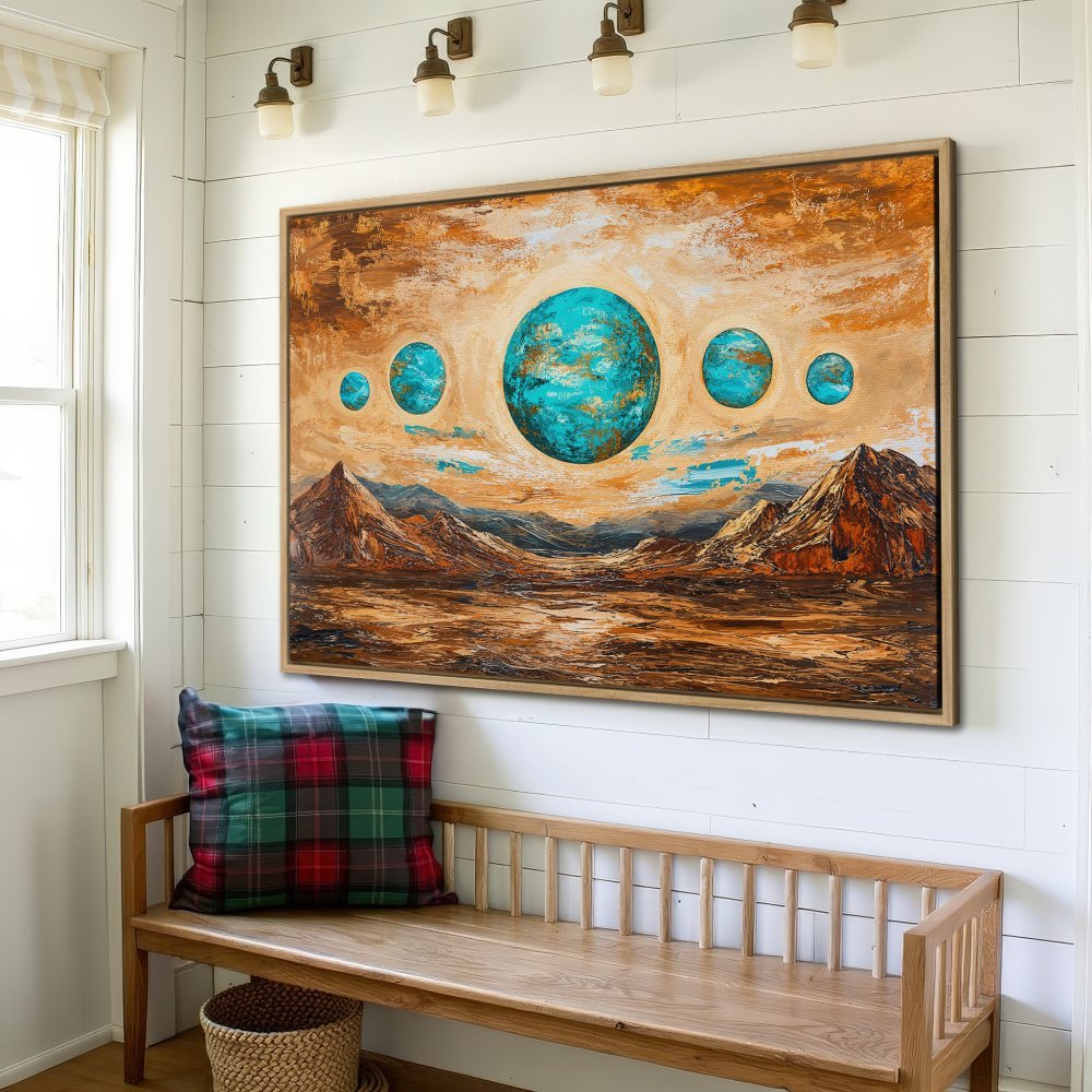 Framed Wall Art: Abstract landscape Canvas Print with turquoise planets & earthy tones. Elevate your space with this stunning, modern art piece.