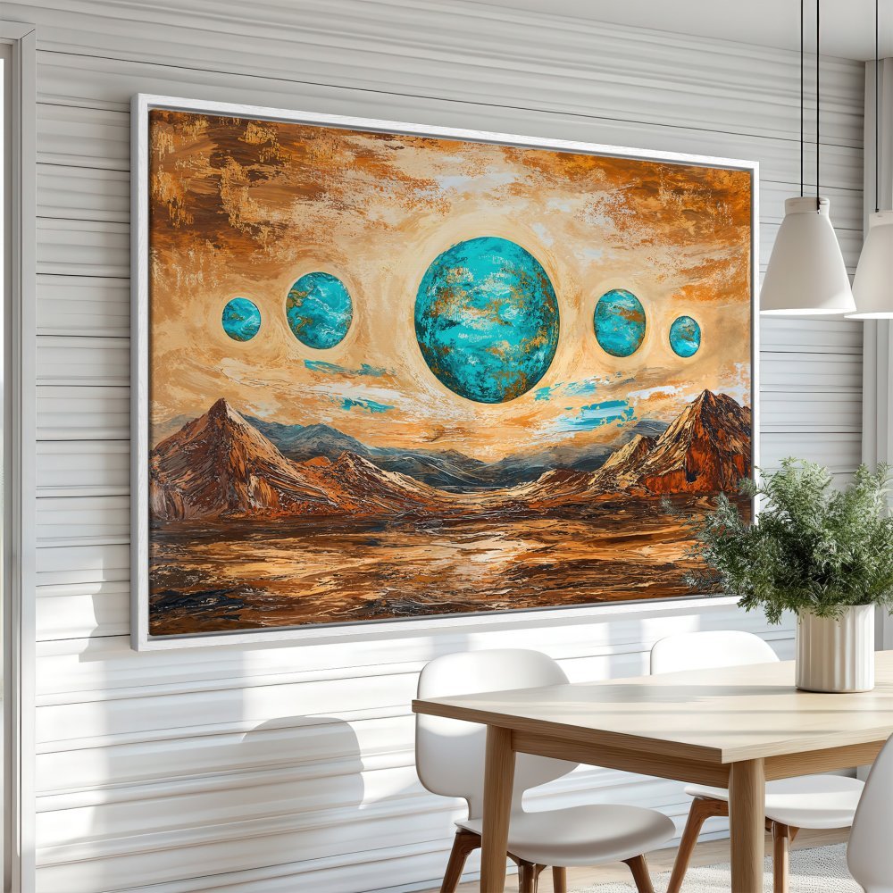 Framed Wall Art: Abstract landscape with turquoise planets, warm earth tones. Elevate your space with this stunning canvas print!