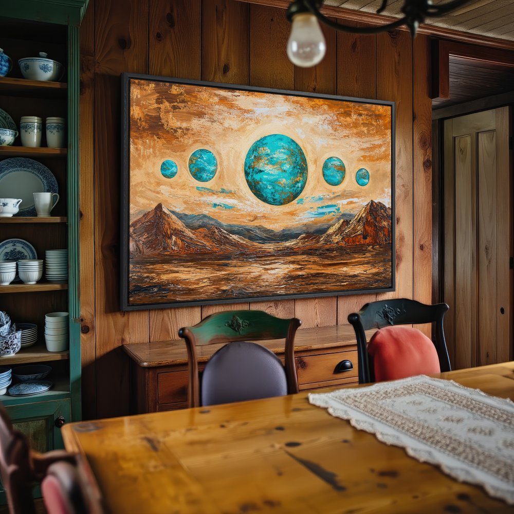 Framed Wall Art: Abstract landscape Canvas Print with turquoise orbs & mountains, warm earth tones. Elevate your home decor with unique art!