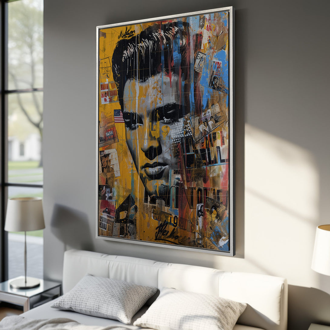 Framed Wall Art featuring Elvis Presley in a vibrant, mixed-media style with a yellow, blue, and black color palette. Perfect for a modern interior!