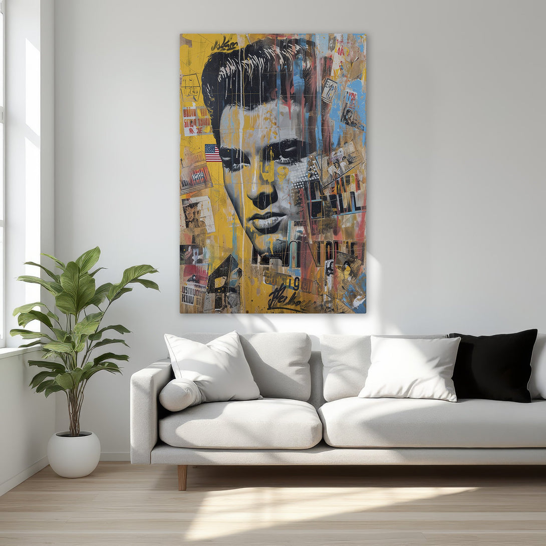 Framed Wall Art of Elvis Presley in pop art style, featuring a vibrant yellow, blue, and black color palette. Perfect for adding a touch of rock and roll to your home!