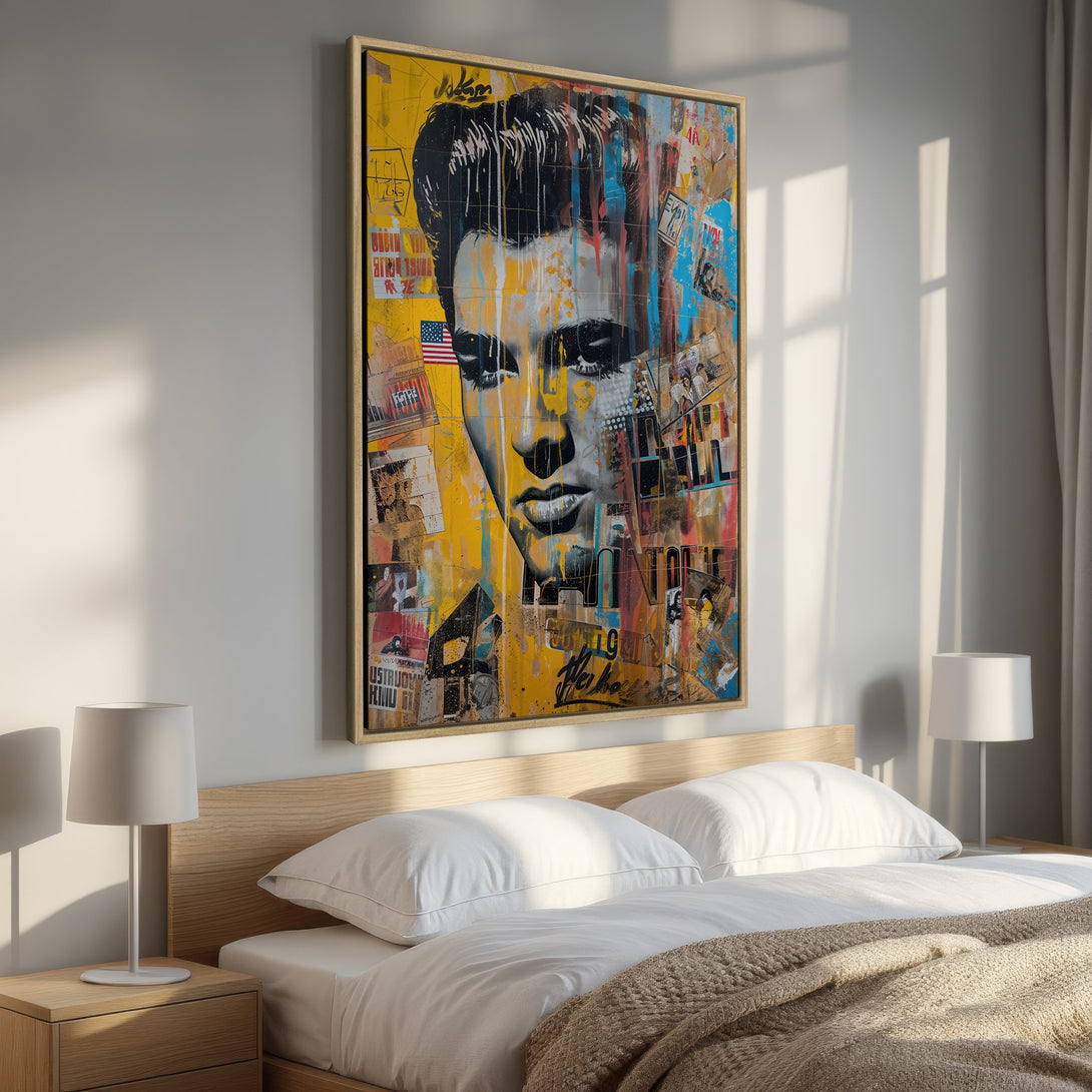 Framed Wall Art featuring Elvis Presley in a vibrant, mixed-media style with a yellow and blue color palette. Perfect for adding a pop of art to your bedroom.
