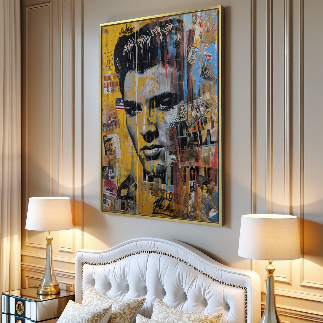 Canvas Print featuring Elvis Presley in a vibrant, pop art style with a yellow and blue color palette. Perfect wall art for any space!