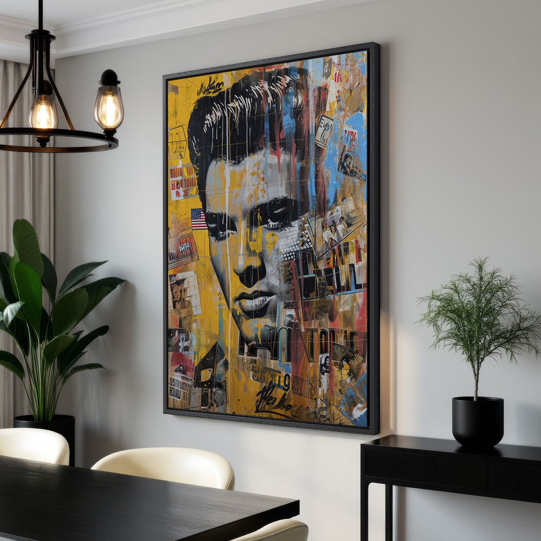 Framed Wall Art of Elvis Presley in a vibrant, pop art style with a yellow, blue, and red color palette. Perfect for adding a statement piece to your home decor.