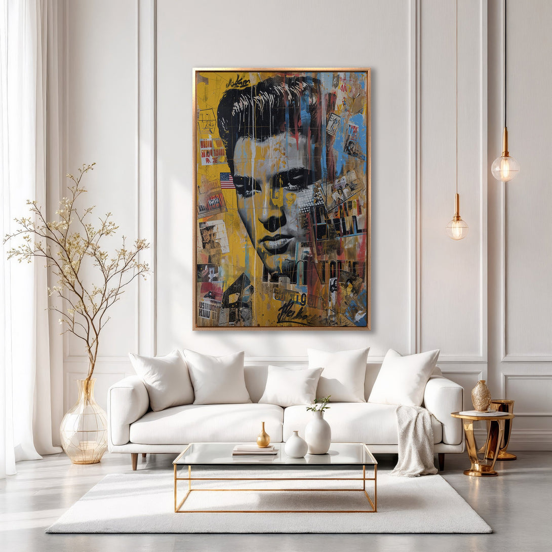 Framed Wall Art featuring Elvis Presley in a pop art style with a yellow, black, and blue color palette, perfect for modern home decor.
