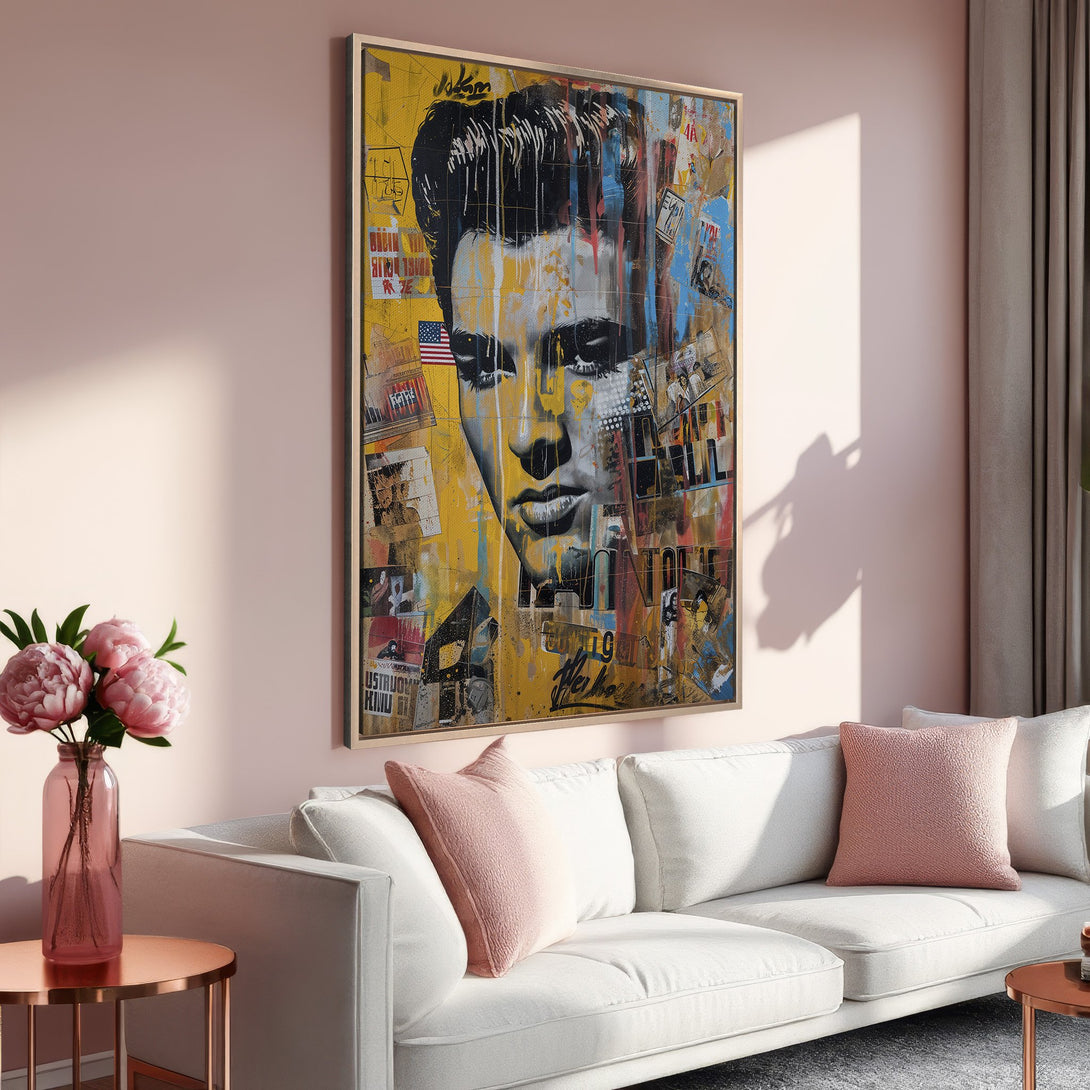 Framed Wall Art of Elvis Presley in a vibrant, pop art style. Features a yellow and blue color palette, perfect for adding personality to any room.