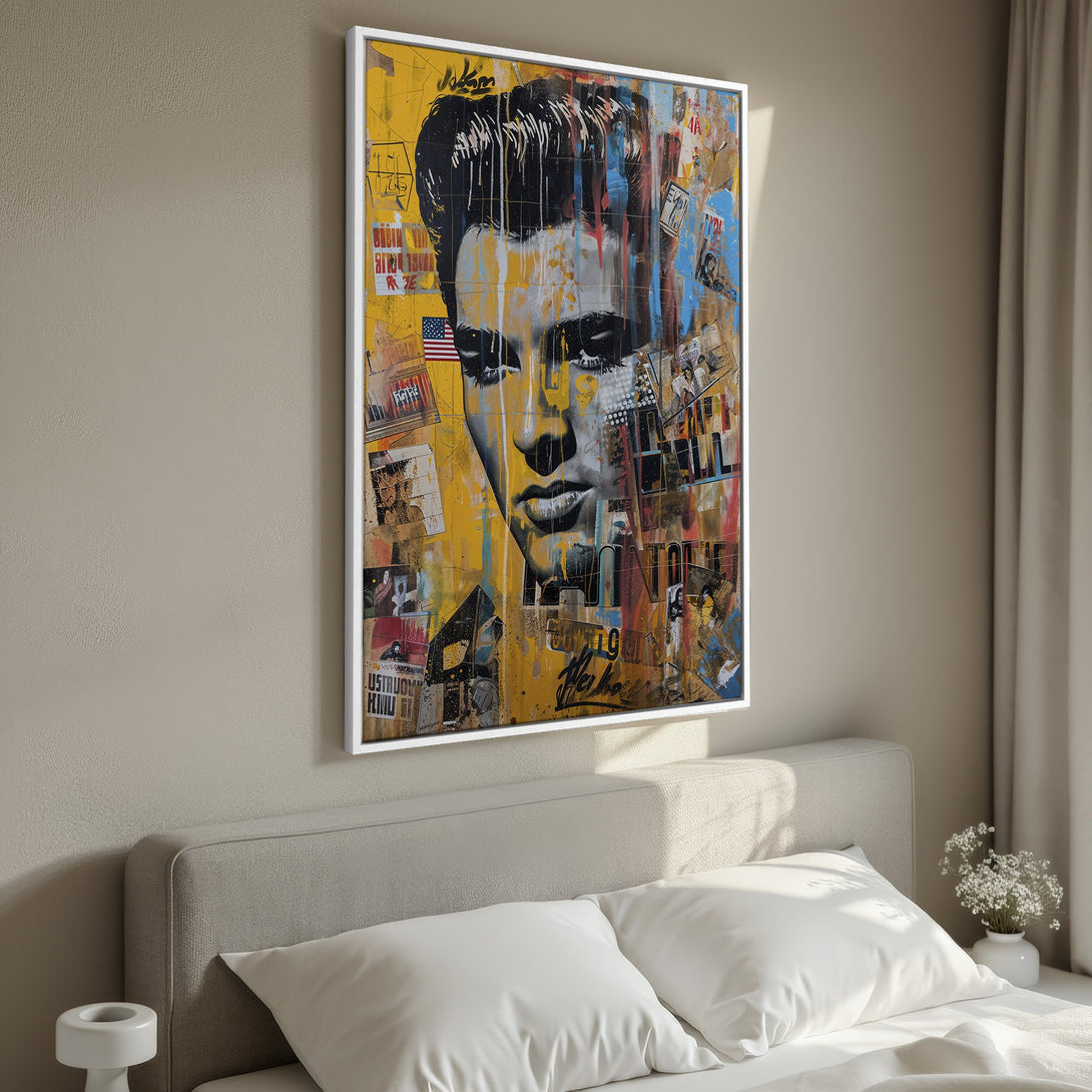Framed Wall Art featuring Elvis Presley in a vibrant, pop art style. Yellow, blue, and red color palette adds a bold statement to any room.