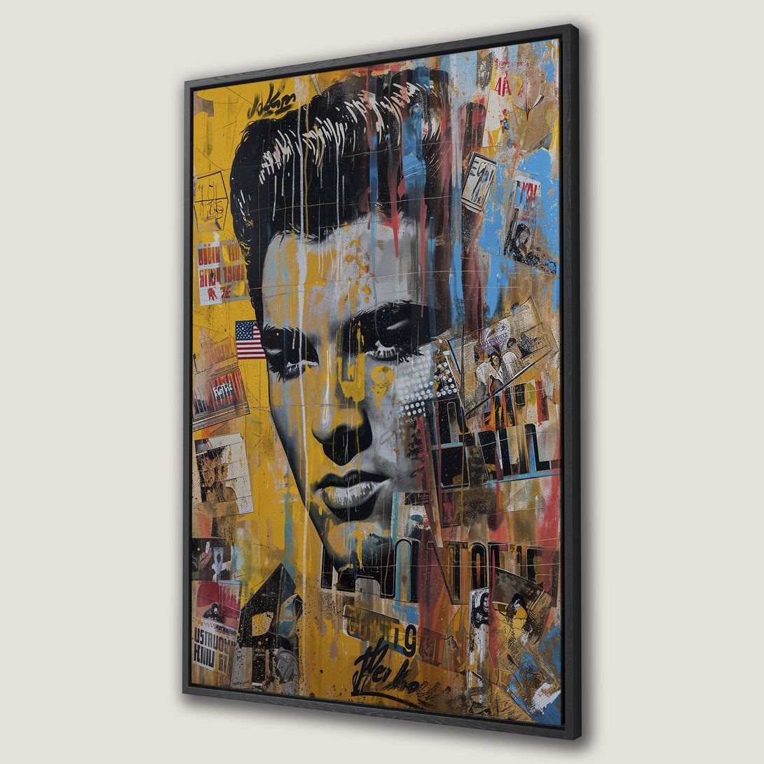 Framed Wall Art featuring an Elvis portrait in a vibrant, mixed-media style with a yellow, blue, and red color palette. Perfect for adding a pop of art to your space!