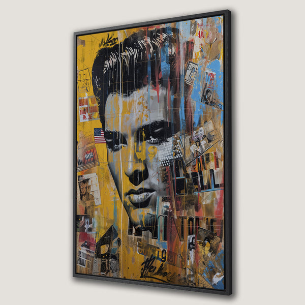 Framed Wall Art featuring an Elvis portrait in a vibrant, mixed-media style with a yellow, blue, and red color palette. Perfect for adding a pop of art to your space!
