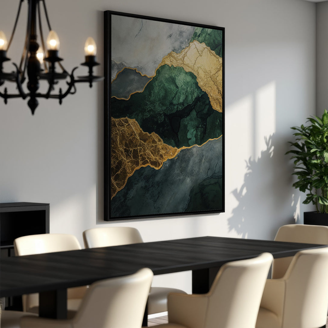 Framed Wall Art: Abstract landscape canvas print in green, gold, and gray tones. Modern art for dining room decor. Elevate your space!