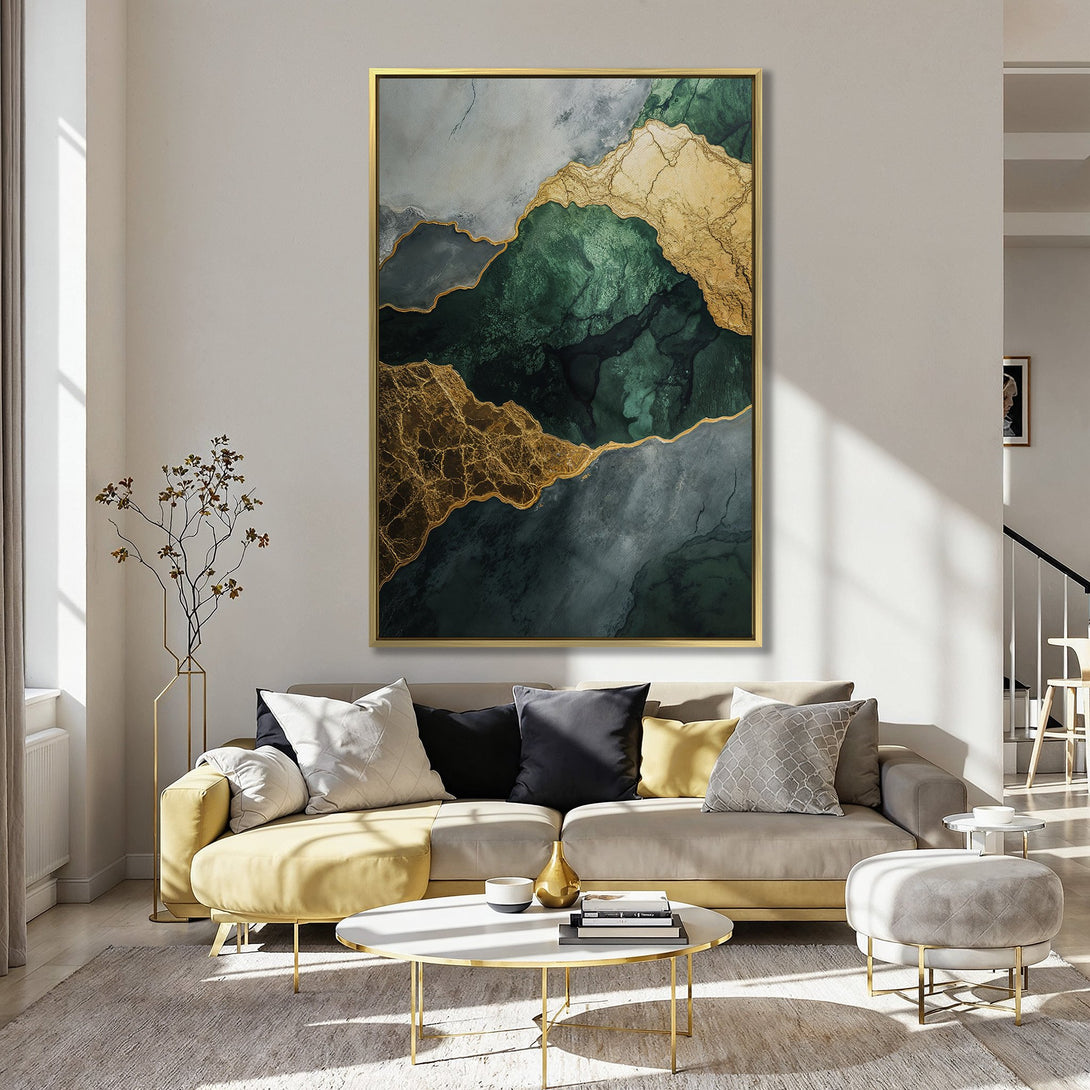 Abstract Canvas Print in green and gold tones, displayed in a stylish interior. Modern wall art with a luxurious color palette.